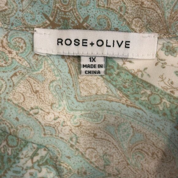 Rose + Olive Top Womens  1X Green Paisley Chiffon Short Sleeve Boho - Picture 3 of 11